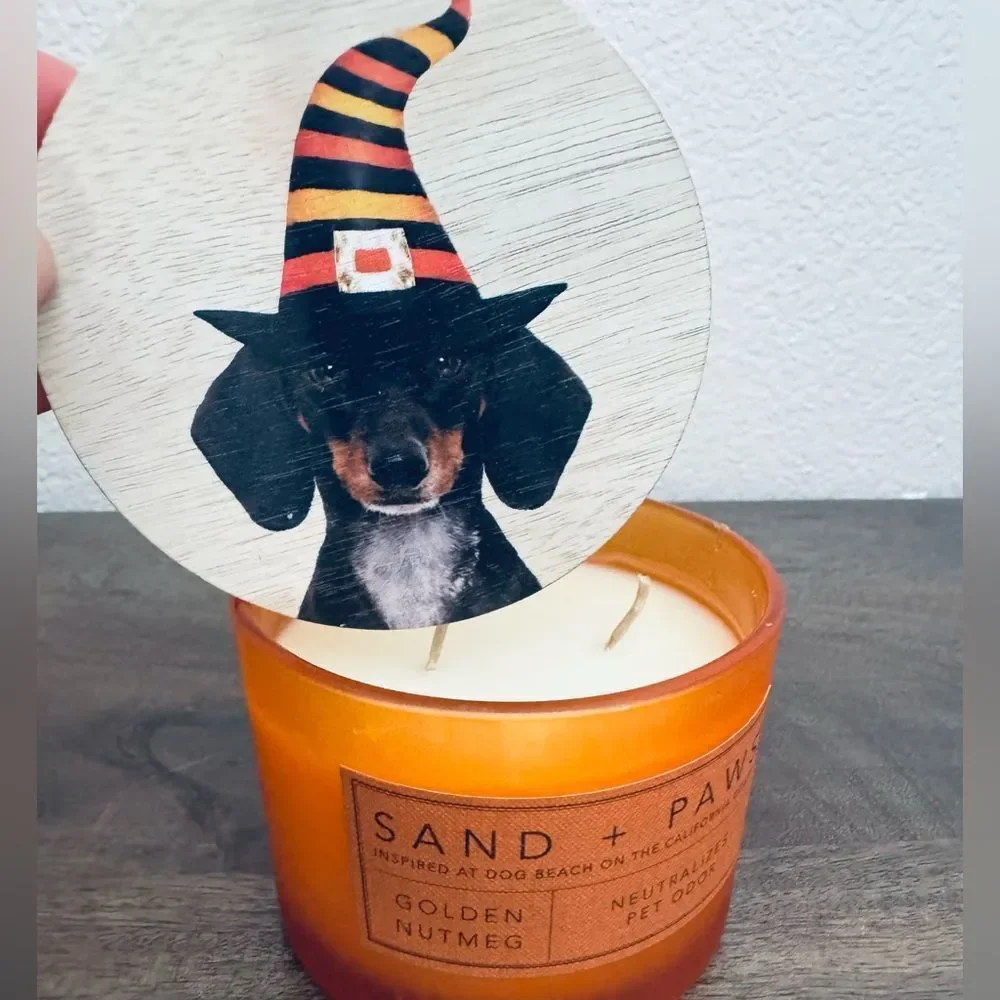 Halloween Dachshund Witch Dog Golden Nutmeg Sand + Paws Jar Candle